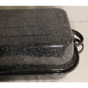 Vintage Speckled Enamel Square Roaster Pan Black Baking Dish Ovenware Large